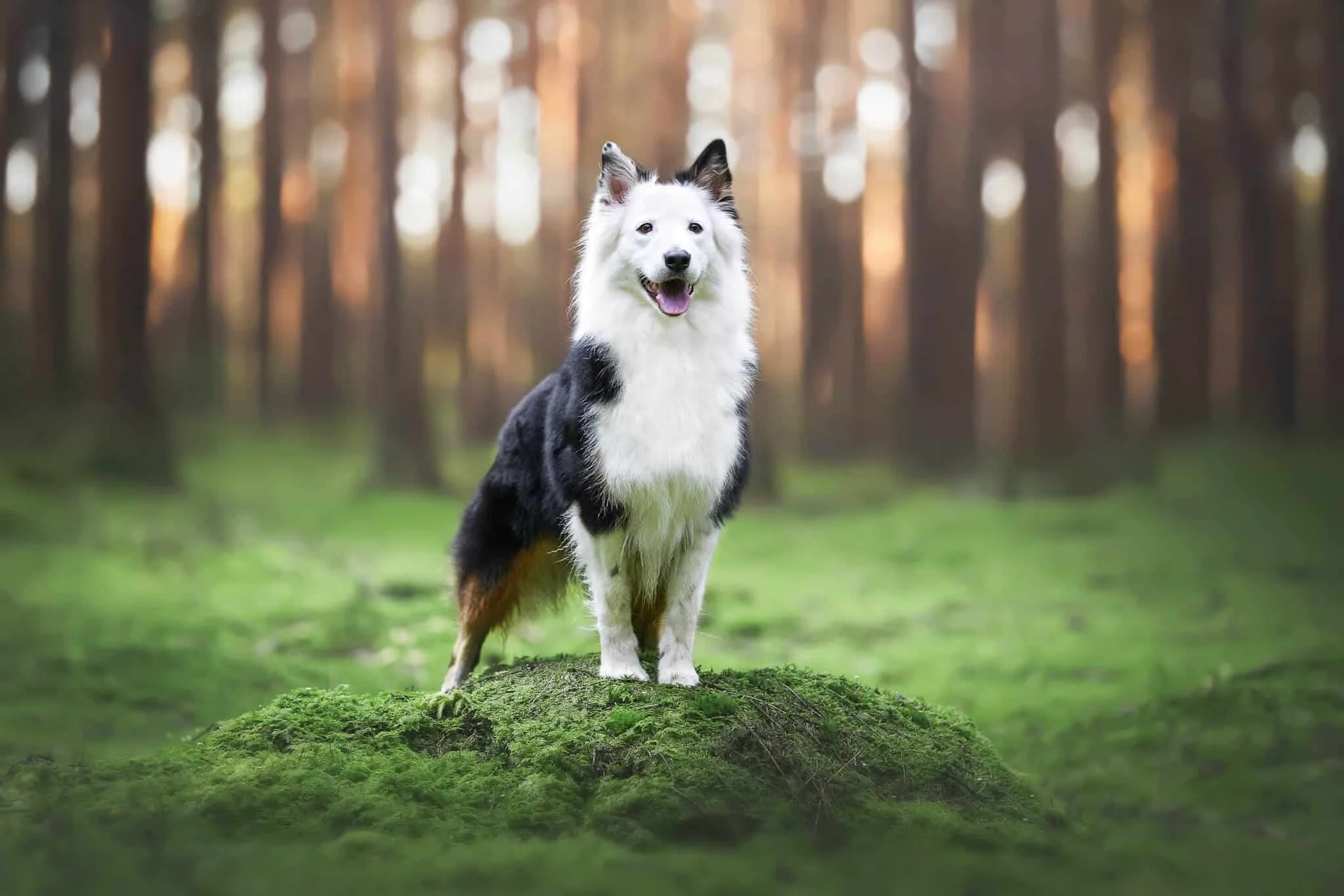 Ein glücklicher Border Collie steht auf einem moosbewachsenen Hügel in einem sonnendurchfluteten Wald.